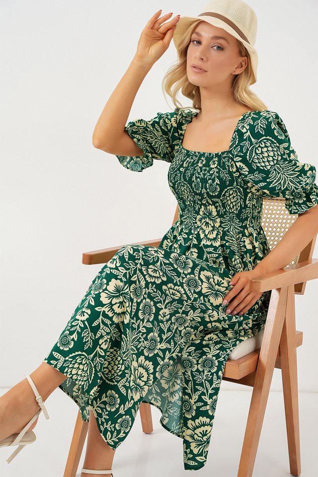 2512 Desenli Yırtmaçlı Elbise - Zümrüt Yeşili