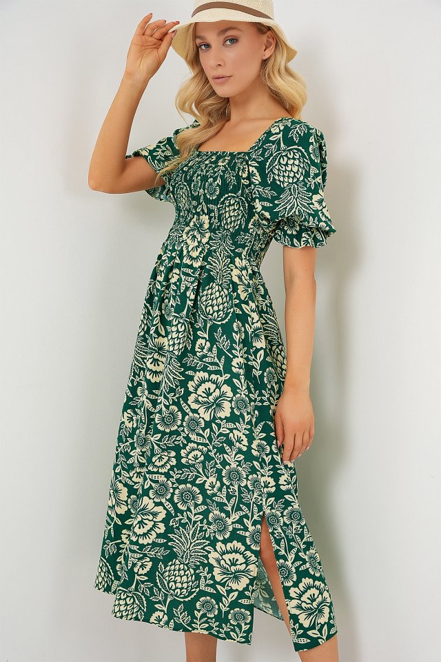 2512 Desenli Yırtmaçlı Elbise - Zümrüt Yeşili