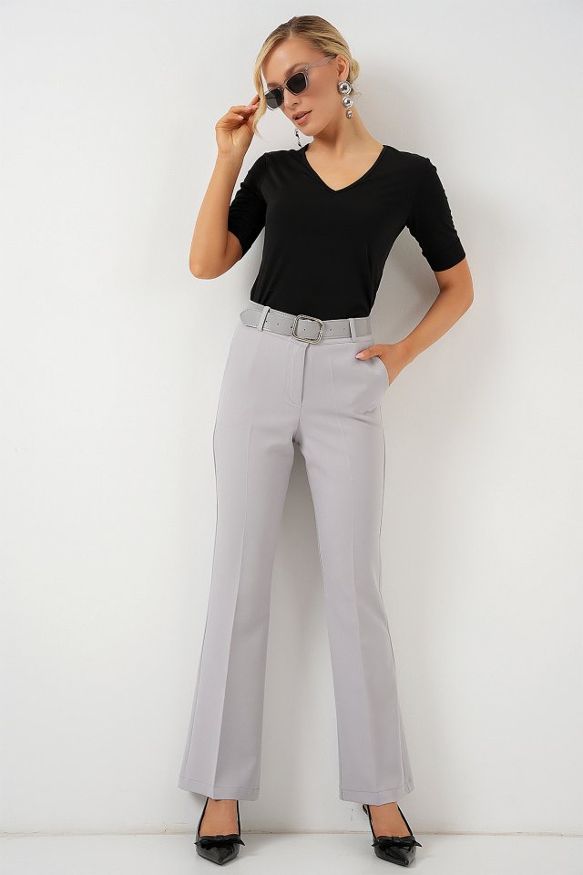 6538 Kemerli İspanyol Paça Pantolon - Gri