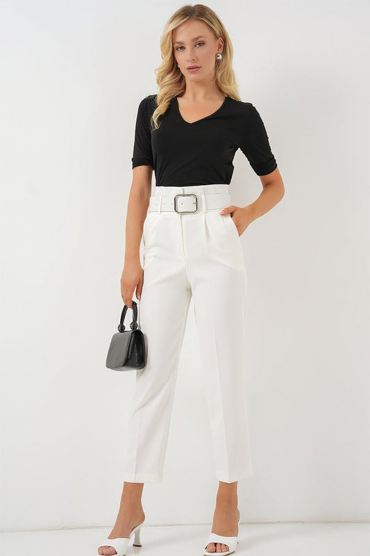 6556 Kemerli Kumaş Pantolon - Ekru