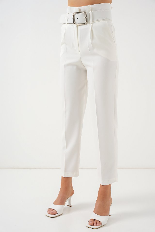 6556 Kemerli Kumaş Pantolon - Ekru