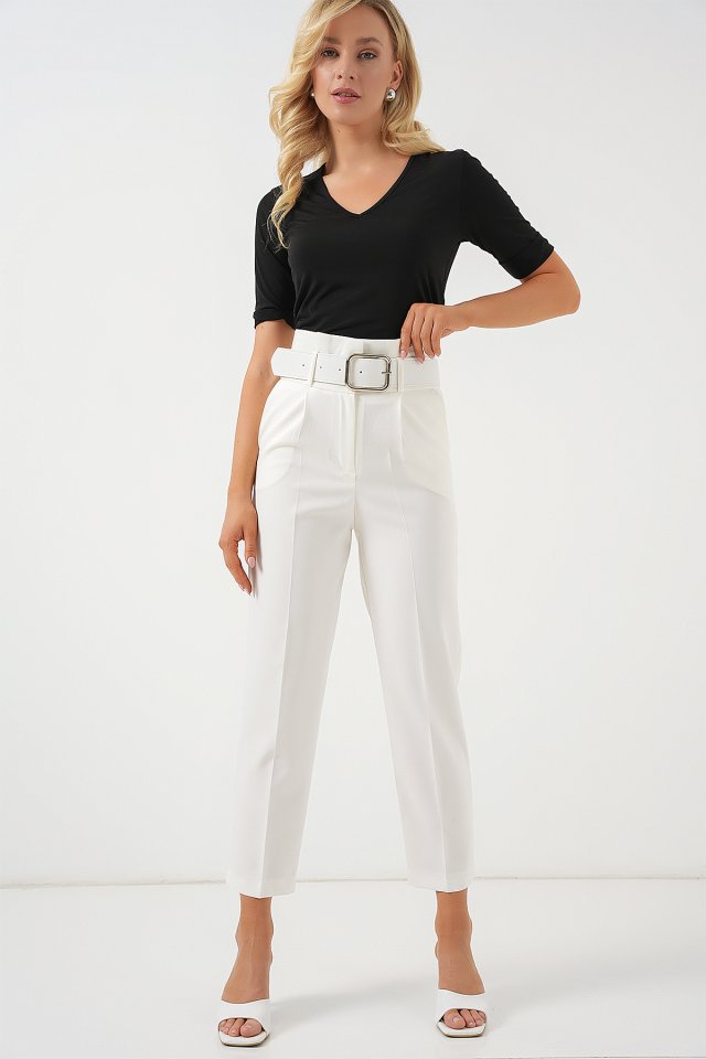 6556 Kemerli Kumaş Pantolon - Ekru