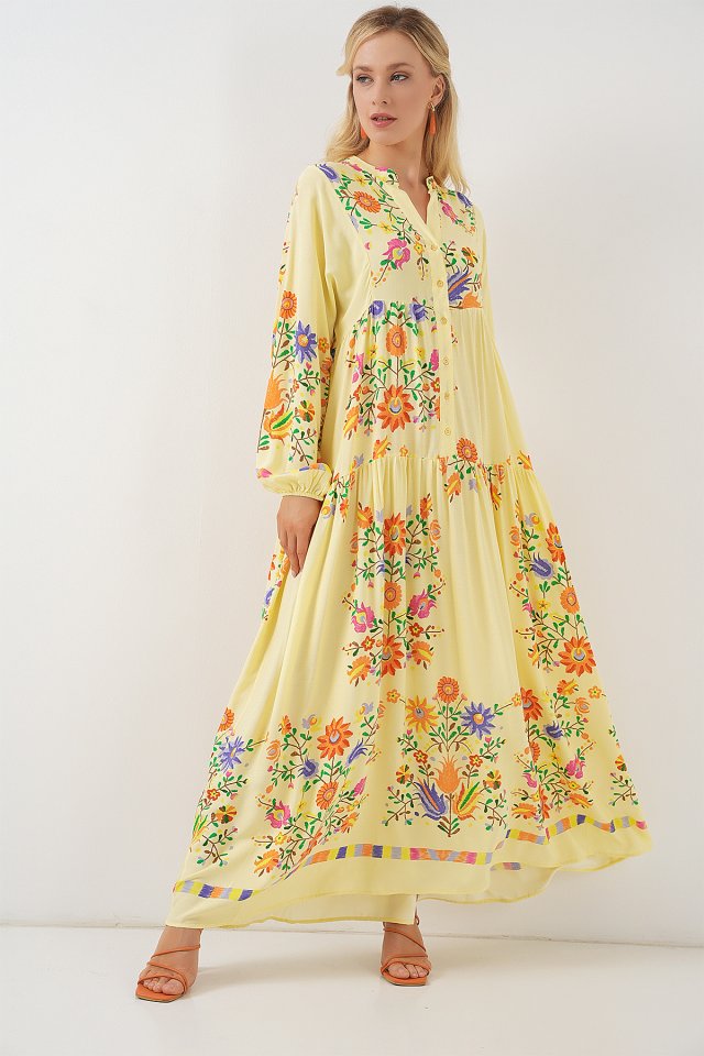 2423 Otantik Desenli Tesettür Elbise - A.Sarı