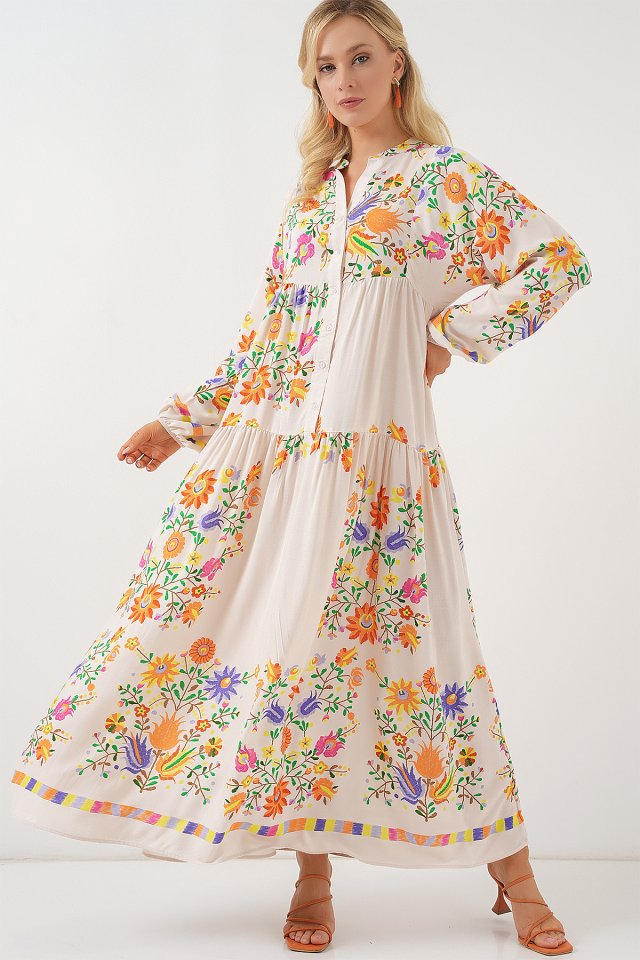 2423 Otantik Desenli Tesettür Elbise - B. Turuncu