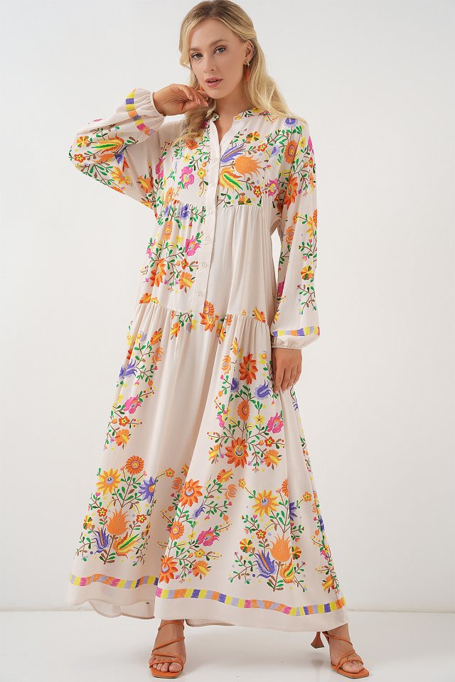 2423 Otantik Desenli Tesettür Elbise - B. Turuncu