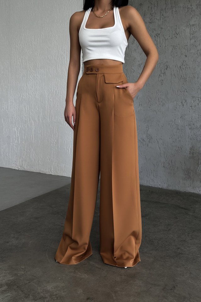 Üç Düğme Detayli Palazzo Pantolon