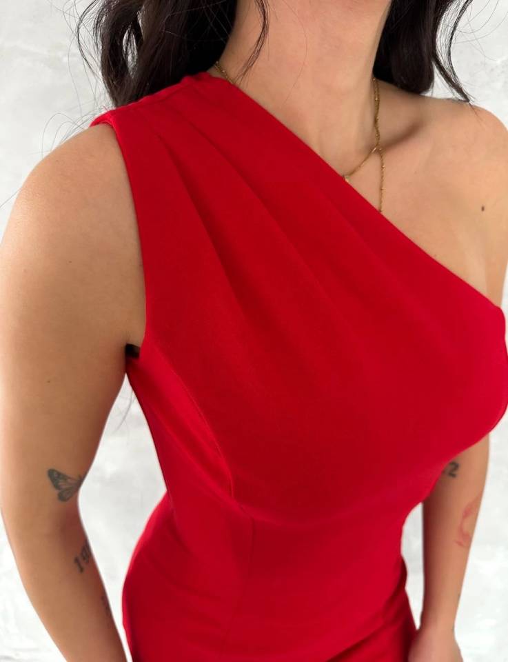 Tek Omuzlu Kolsuz Mini Boy Elbise - Kırmızı