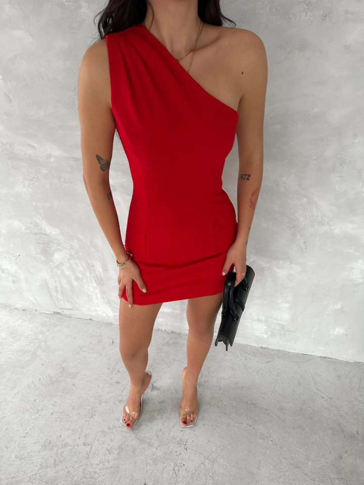Tek Omuzlu Kolsuz Mini Boy Elbise - Kırmızı