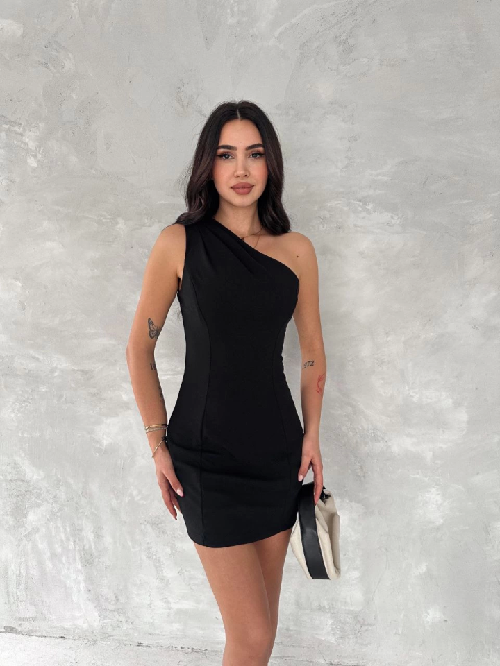 Tek Omuzlu Kolsuz Mini Boy Elbise - Siyah