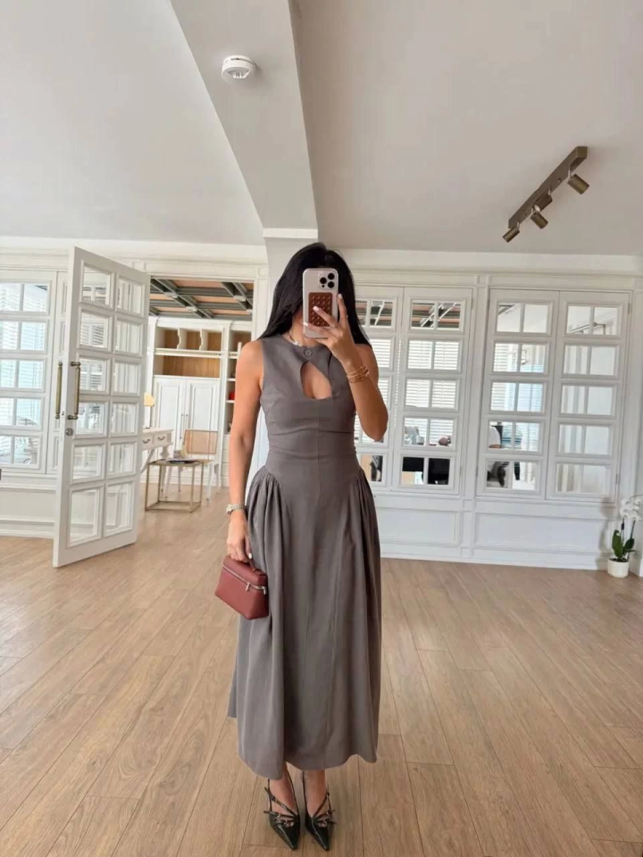 Kolsuz Uzun Kabardin Elbise - Gri