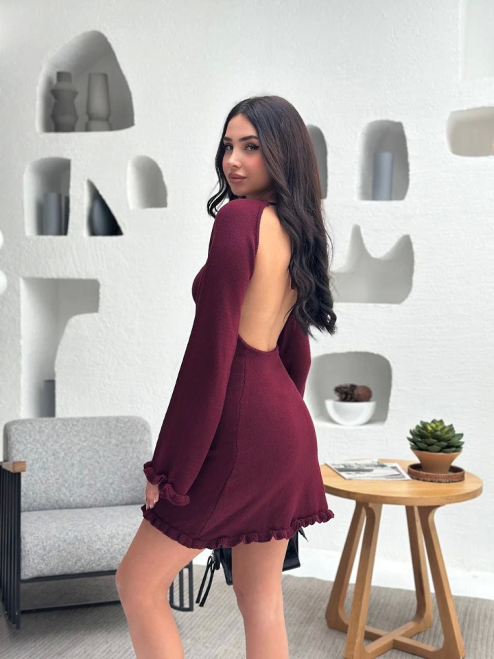 Sırt Pencereli Mini Triko Elbise - Bordo