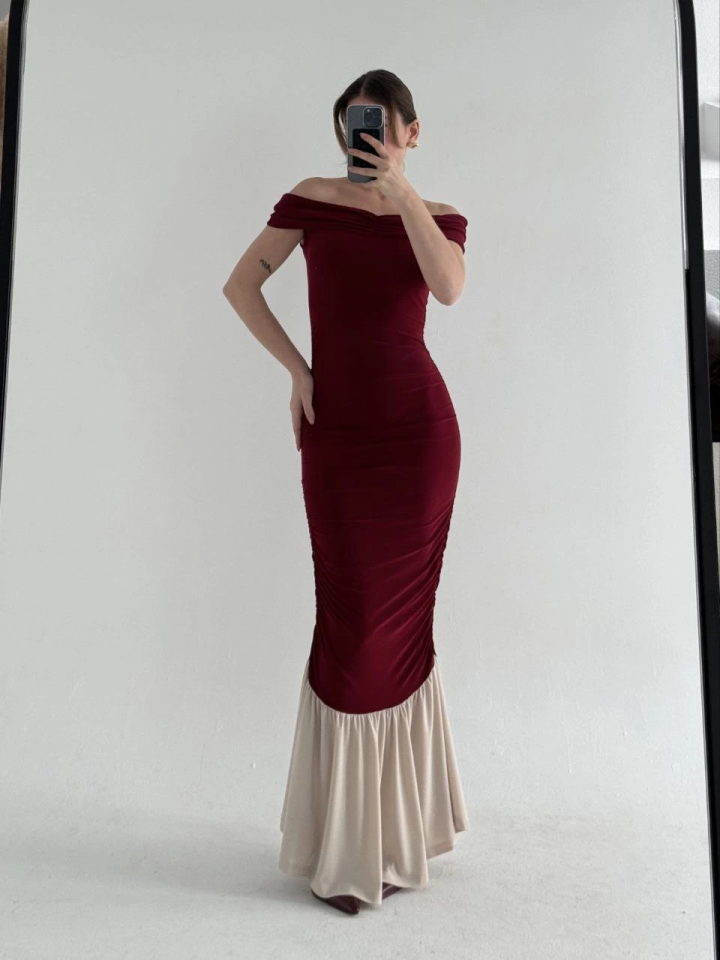 Striptiz Omuzlu Uzun Elbise- Bordo