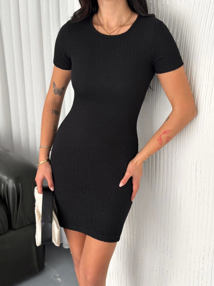 Bisiklet Yaka Kısa Kol Likralı Elbise - Siyah