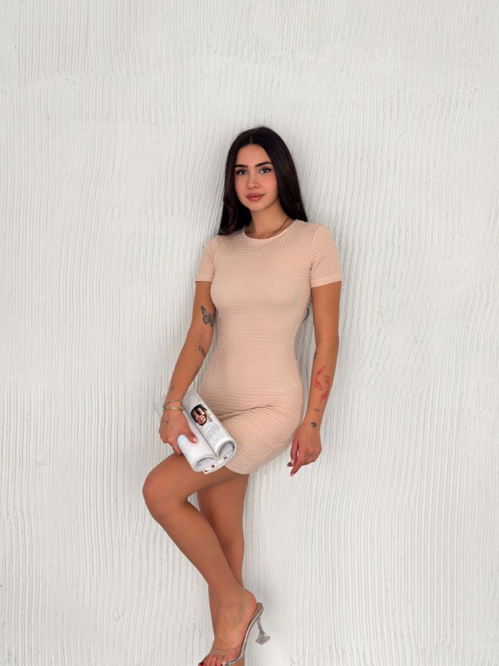 Bisiklet Yaka Kısa Kol Likralı Elbise - Bej