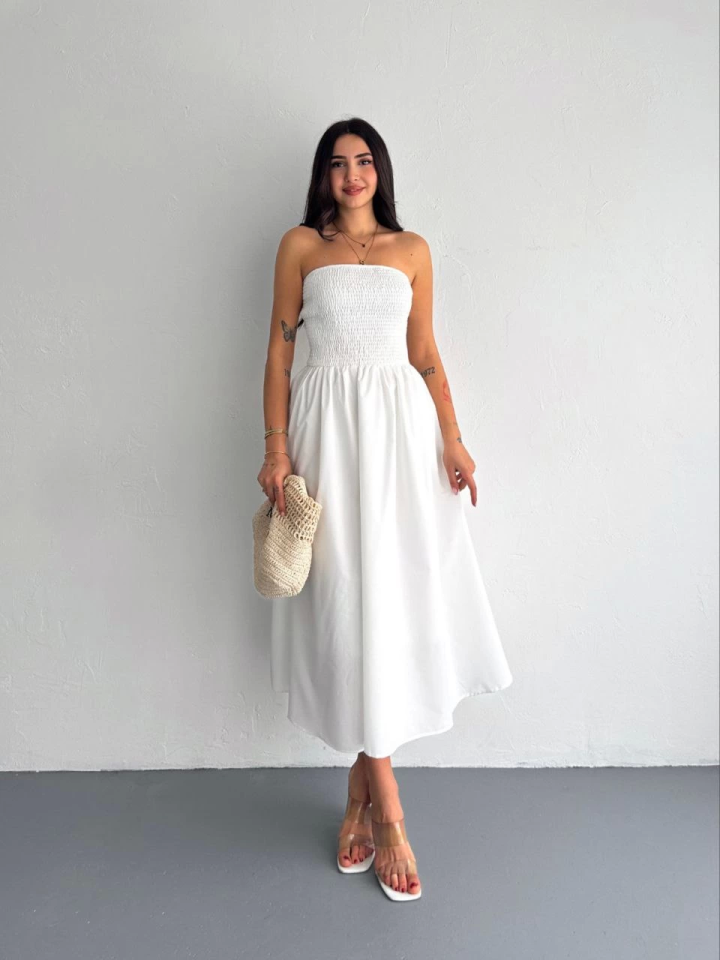 Straplez Pileli Elbise - Beyaz