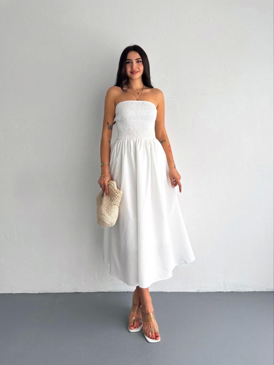 Straplez Pileli Elbise - Beyaz