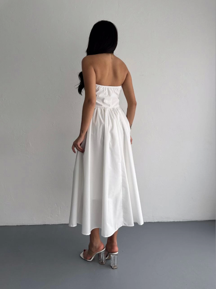 Straplez Pileli Elbise - Beyaz