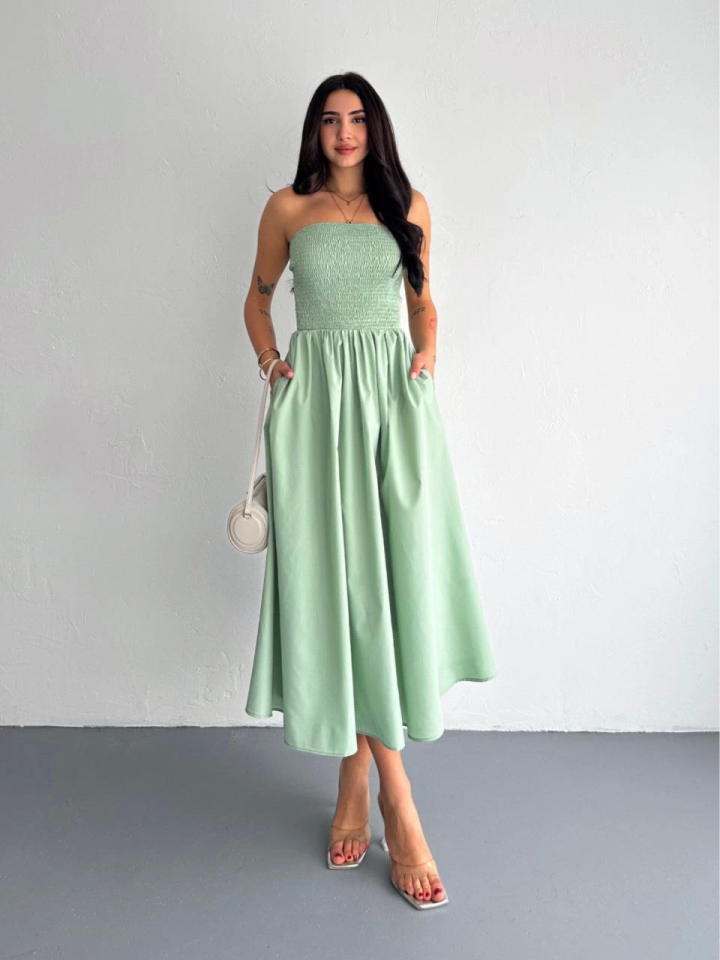 Straplez Pileli Elbise - Su Yeşili