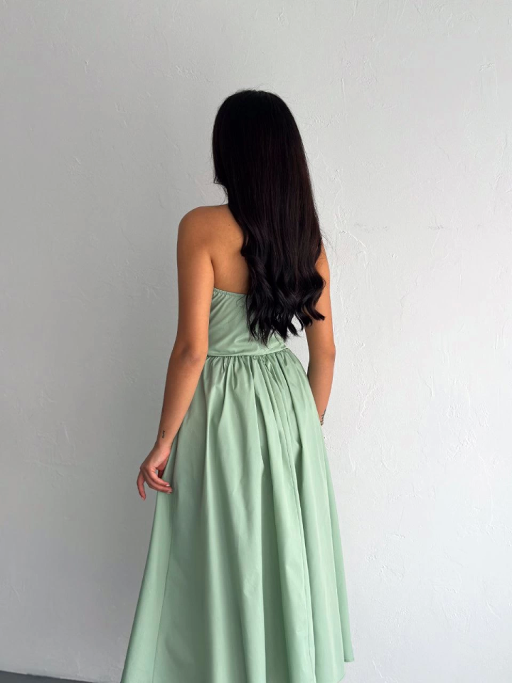 Straplez Pileli Elbise - Su Yeşili