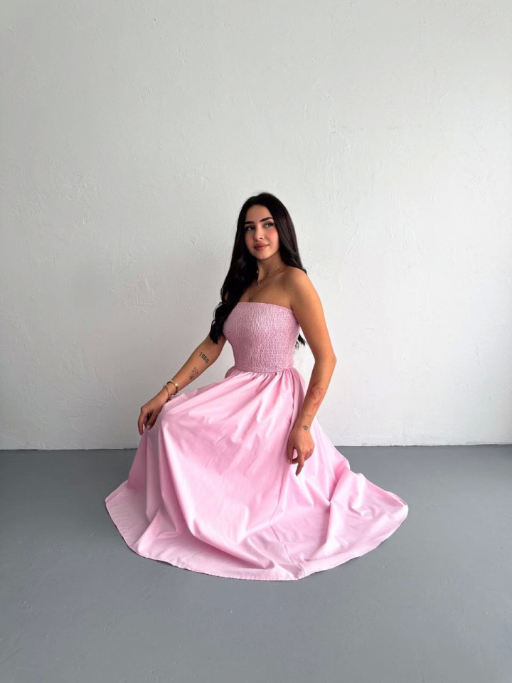 Straplez Pileli Elbise - Pembe