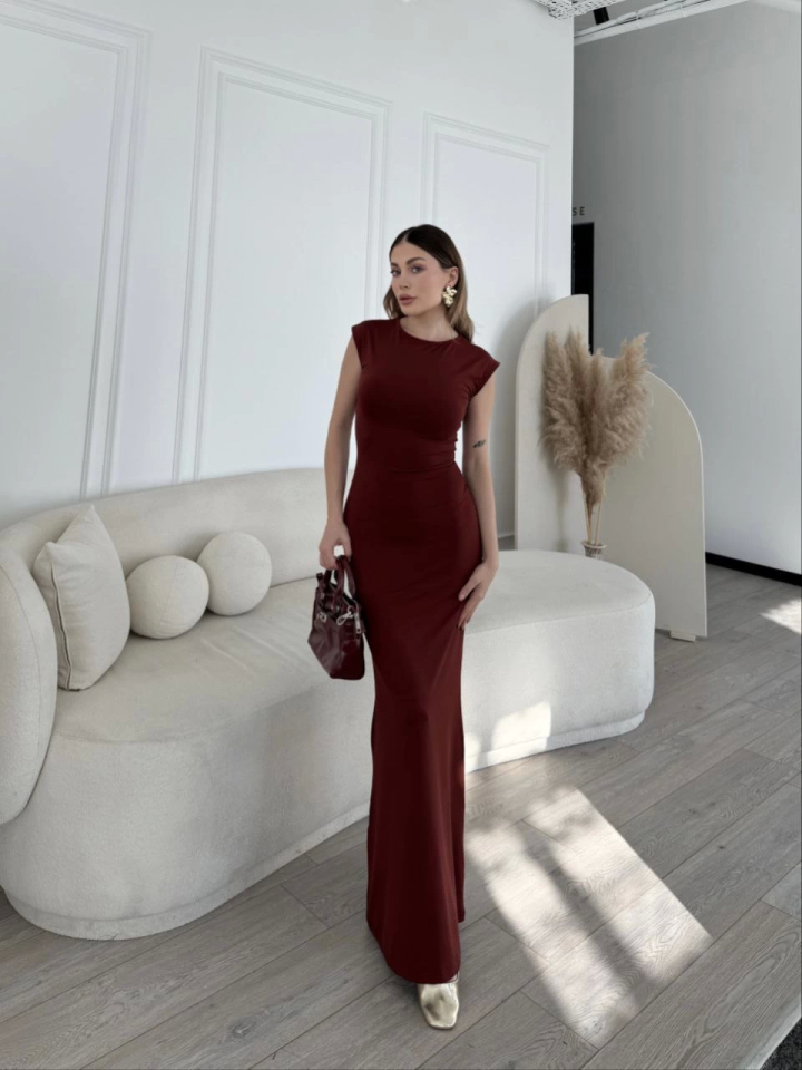 Kolsuz Uzun Likralı Elbise - Bordo
