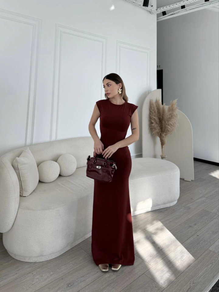 Kolsuz Uzun Likralı Elbise - Bordo