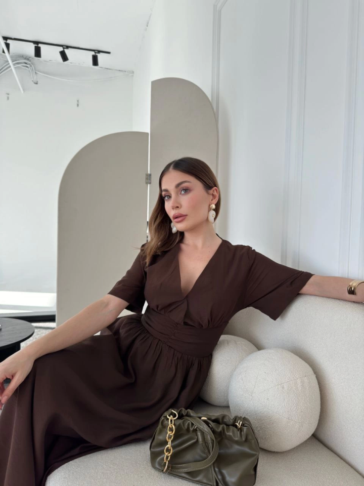 Kısa Kollu Uzun Elbise - Kahve