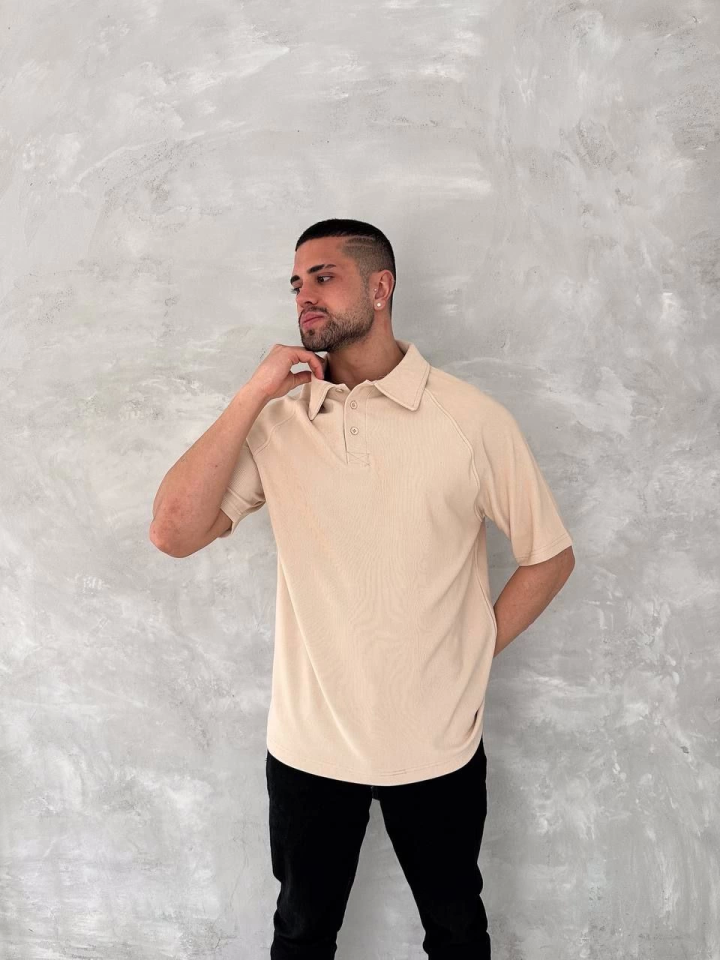 Yakalı Patlı Kısa Kol T-shirt - Bej