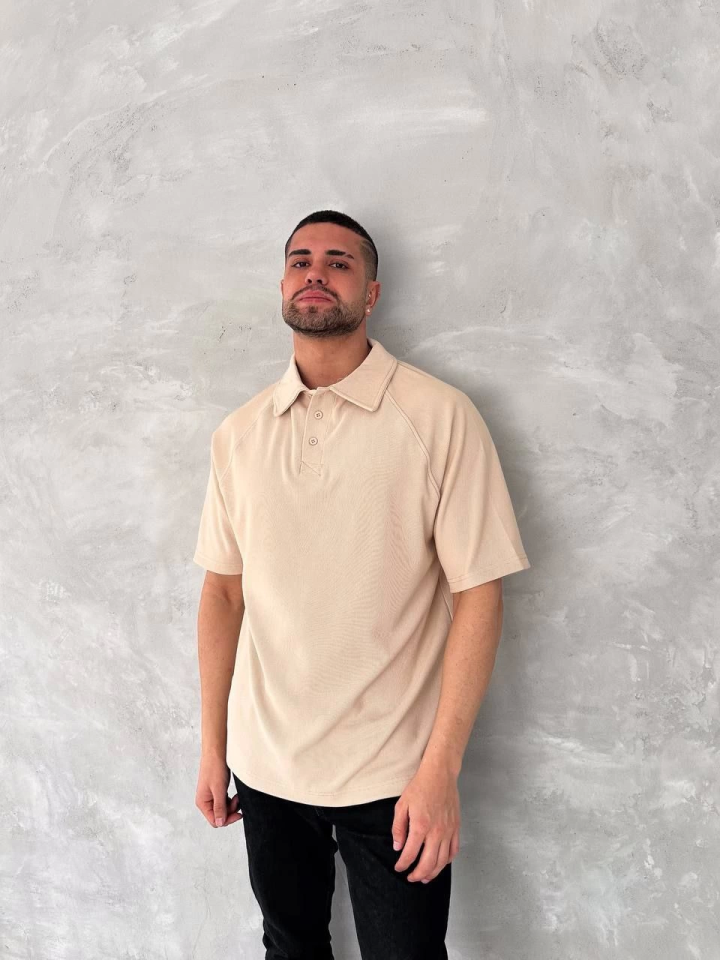 Yakalı Patlı Kısa Kol T-shirt - Bej