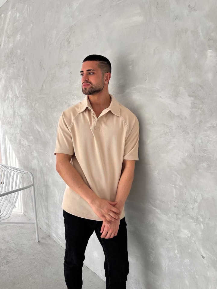 Yakalı Patlı Kısa Kol T-shirt - Bej