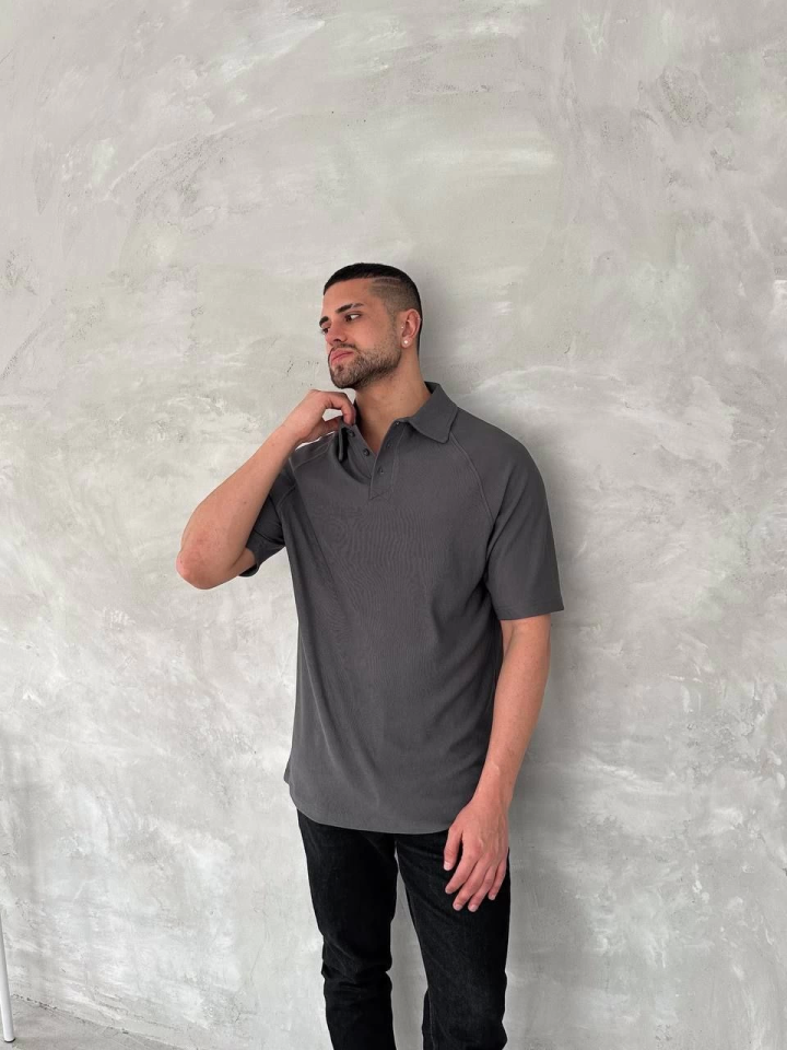 Yakalı Patlı Kısa Kol T-shirt - Antrasit