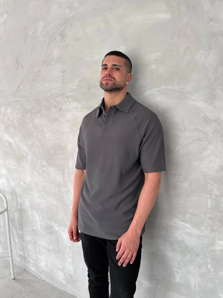 Yakalı Patlı Kısa Kol T-shirt - Antrasit