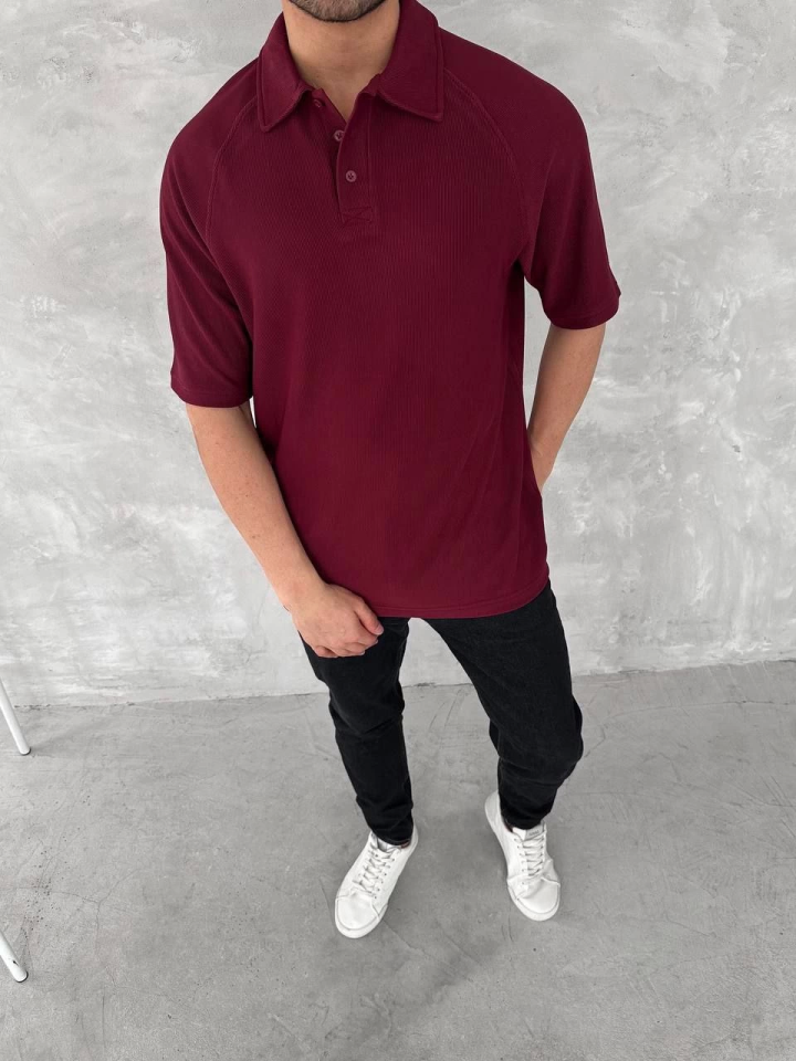 Yakalı Patlı Kısa Kol T-shirt - Bordo