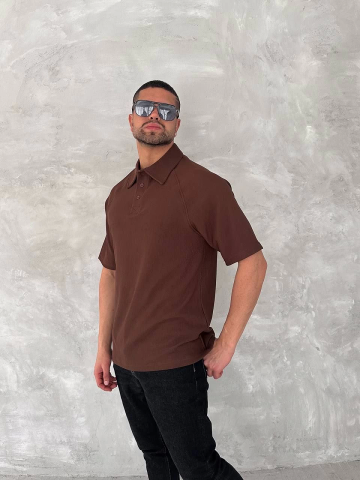 Yakalı Patlı Kısa Kol T-shirt - Kahverengi