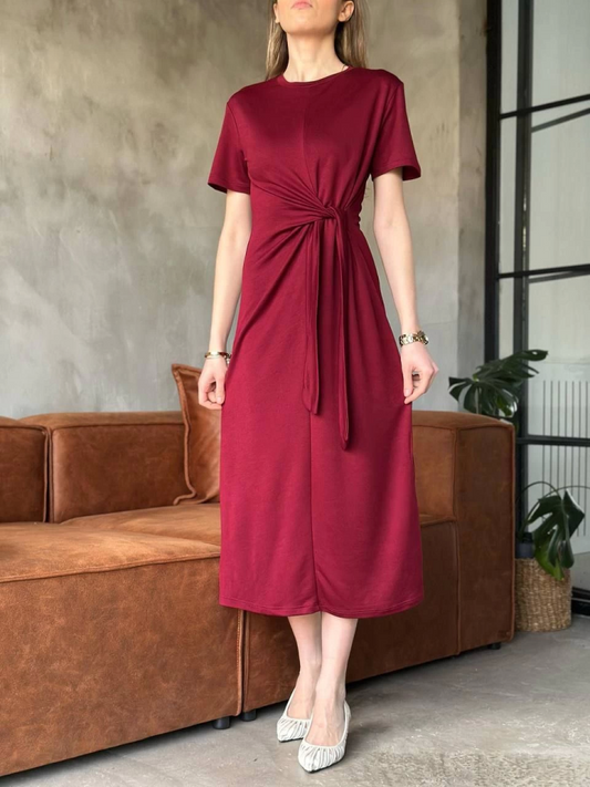 Osy Modal Yumuşak Dokulu Kumaş Yandan Bağlamalı Elbise - Bordo