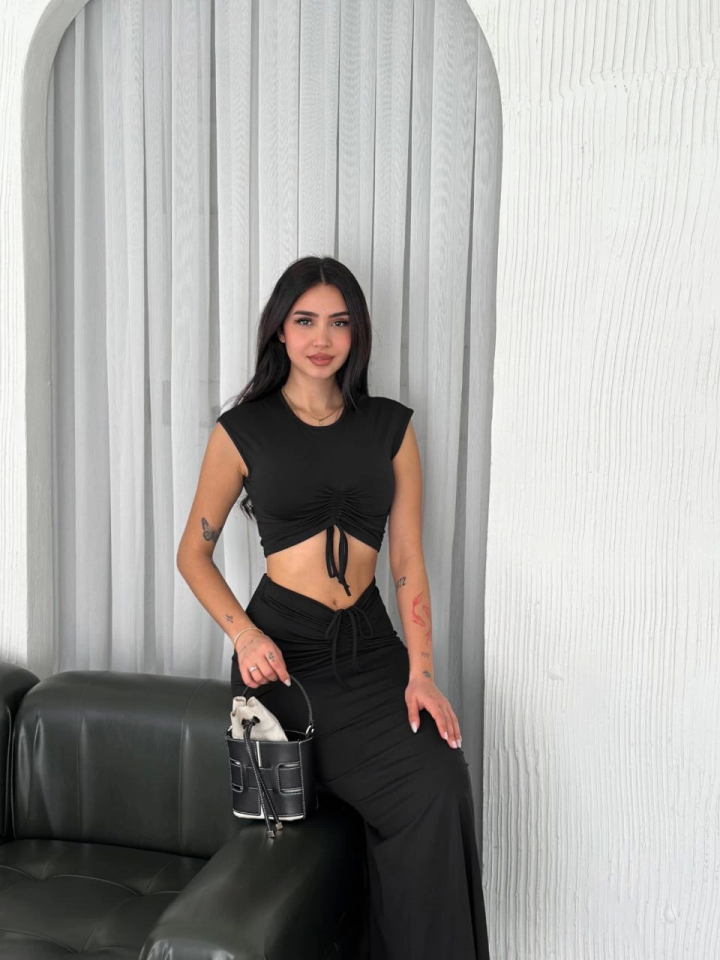 Osy Modal Yumuşak Dokulu Kumaş  Büzgülü Crop Etek Takım - Siyah
