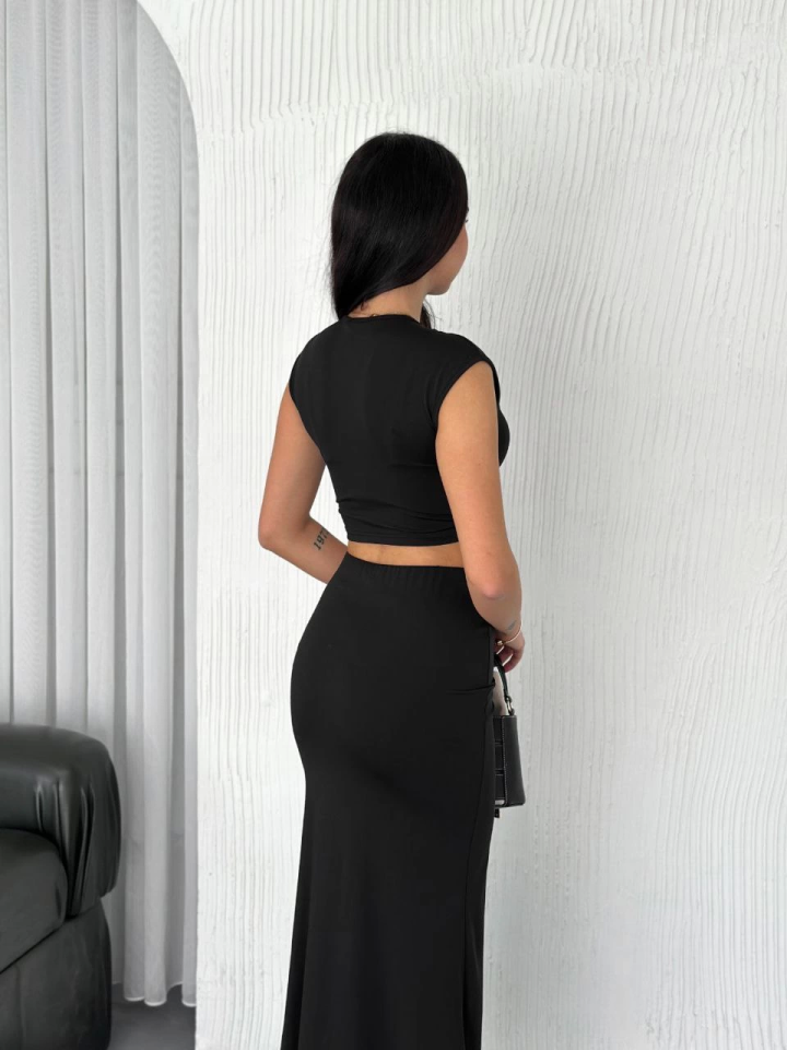 Osy Modal Yumuşak Dokulu Kumaş  Büzgülü Crop Etek Takım - Siyah