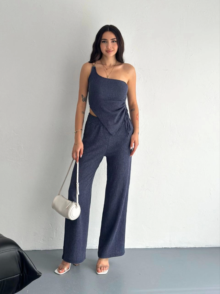 Asimetrik Crop Pantalon Ikili Takım - Lacivert