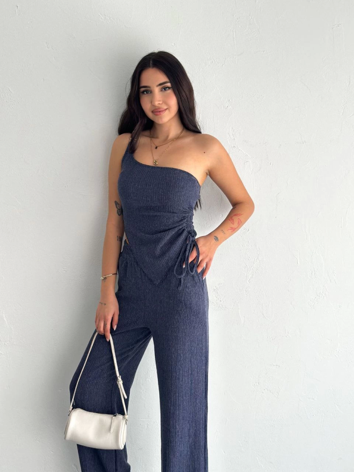 Asimetrik Crop Pantalon Ikili Takım - Lacivert