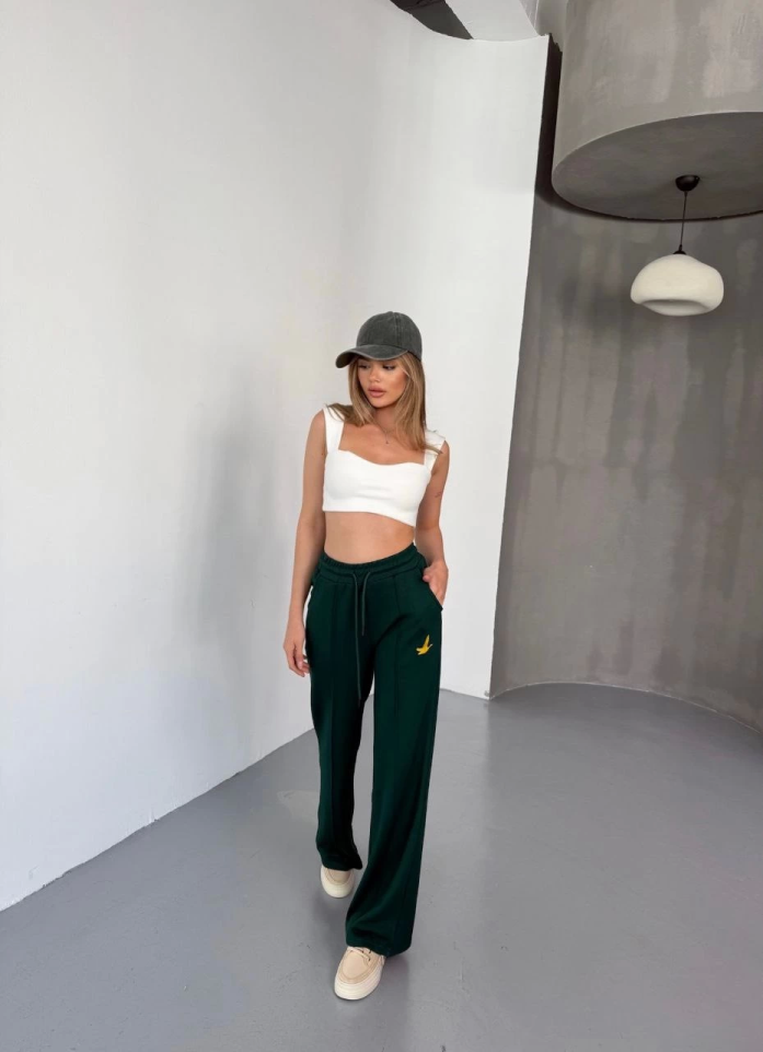 Osy Modal Yumuşak Dokulu Kumaş Nakış Işlemeli Rahat Bol Paça Eşofman Pantalon - Haki