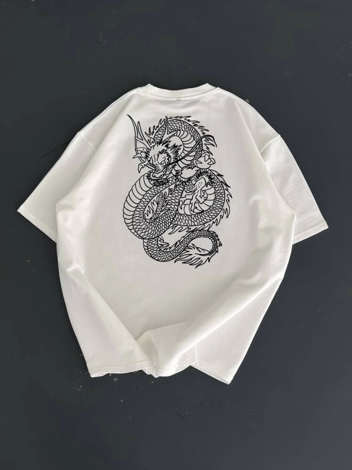 Baskılı Oversize Bisiklet Yaka T-shirt - Beyaz