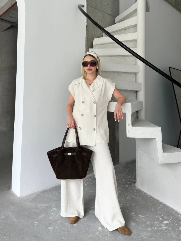 Keten Sıfır Kol Blezer Ceket Pantolon Ikili Takım- Beyaz