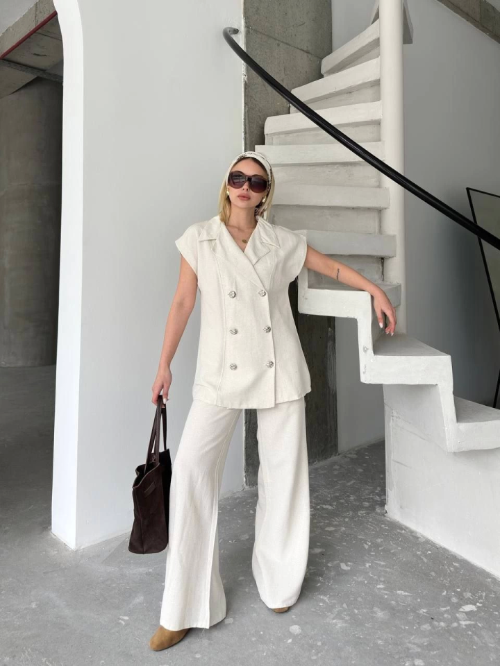 Keten Sıfır Kol Blezer Ceket Pantolon Ikili Takım- Beyaz