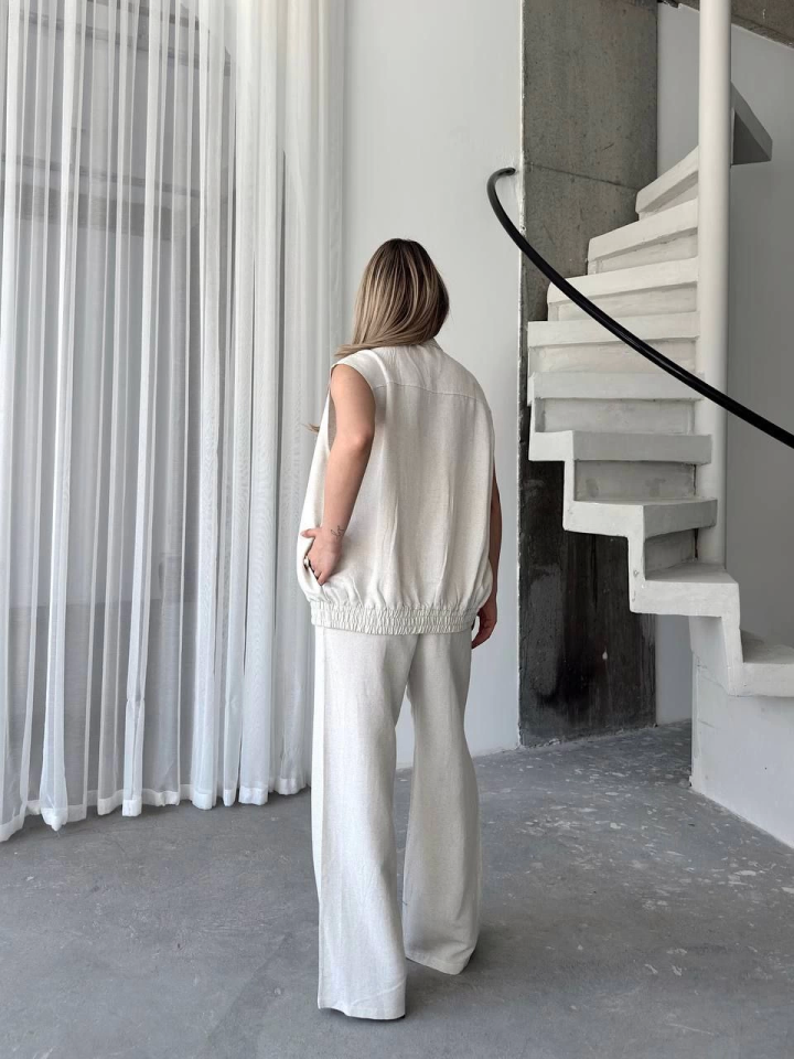 Keten Tam Fermuarlı Kolsuz Ceket Pantolon Ikili Takım- Beyaz