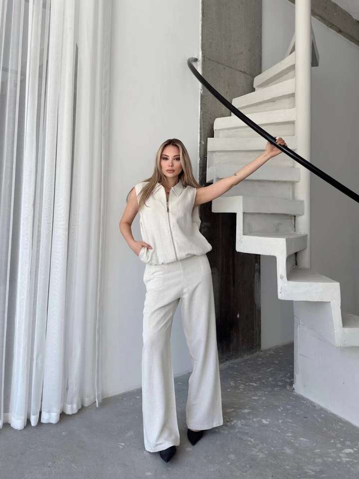 Keten Tam Fermuarlı Kolsuz Ceket Pantolon Ikili Takım- Beyaz