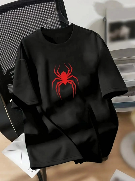 Baskılı Oversize Bisiklet Yaka T-shirt - Siyah
