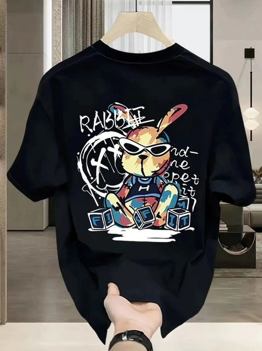 Baskılı Oversize Bisiklet Yaka T-shirt - Siyah