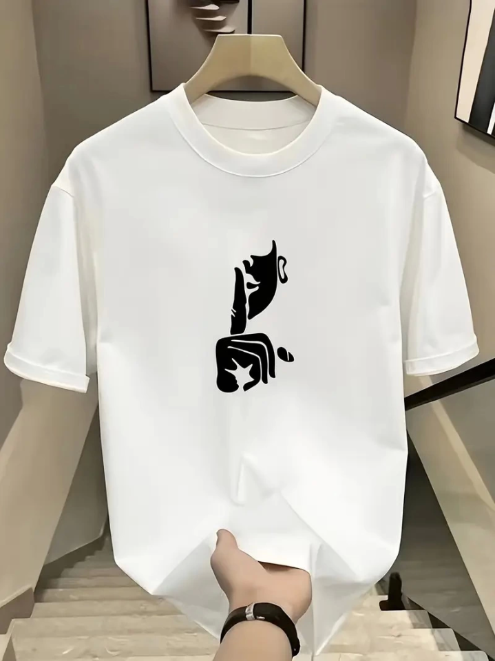 Rahat Bisiklet Yaka Tişört, Yaratıcı Karikatür Baskı - Yumuşak Polyester, Her Mevsim Giyilebilir- Beyaz