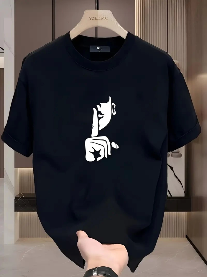 Rahat Bisiklet Yaka Tişört, Yaratıcı Karikatür Baskı - Yumuşak Polyester, Her Mevsim Giyilebilir- Siyah