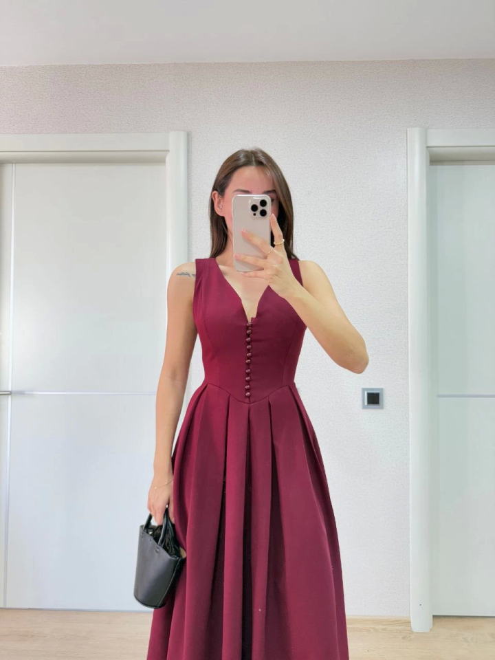 V Yaka Uzun Kolsuz Elbise- Bordo